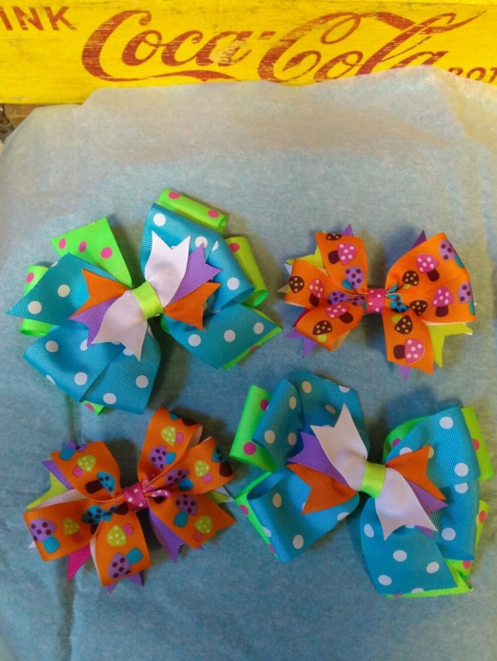 Handmade Boutique Multi-colored Mushroom Stacked Hair Bows